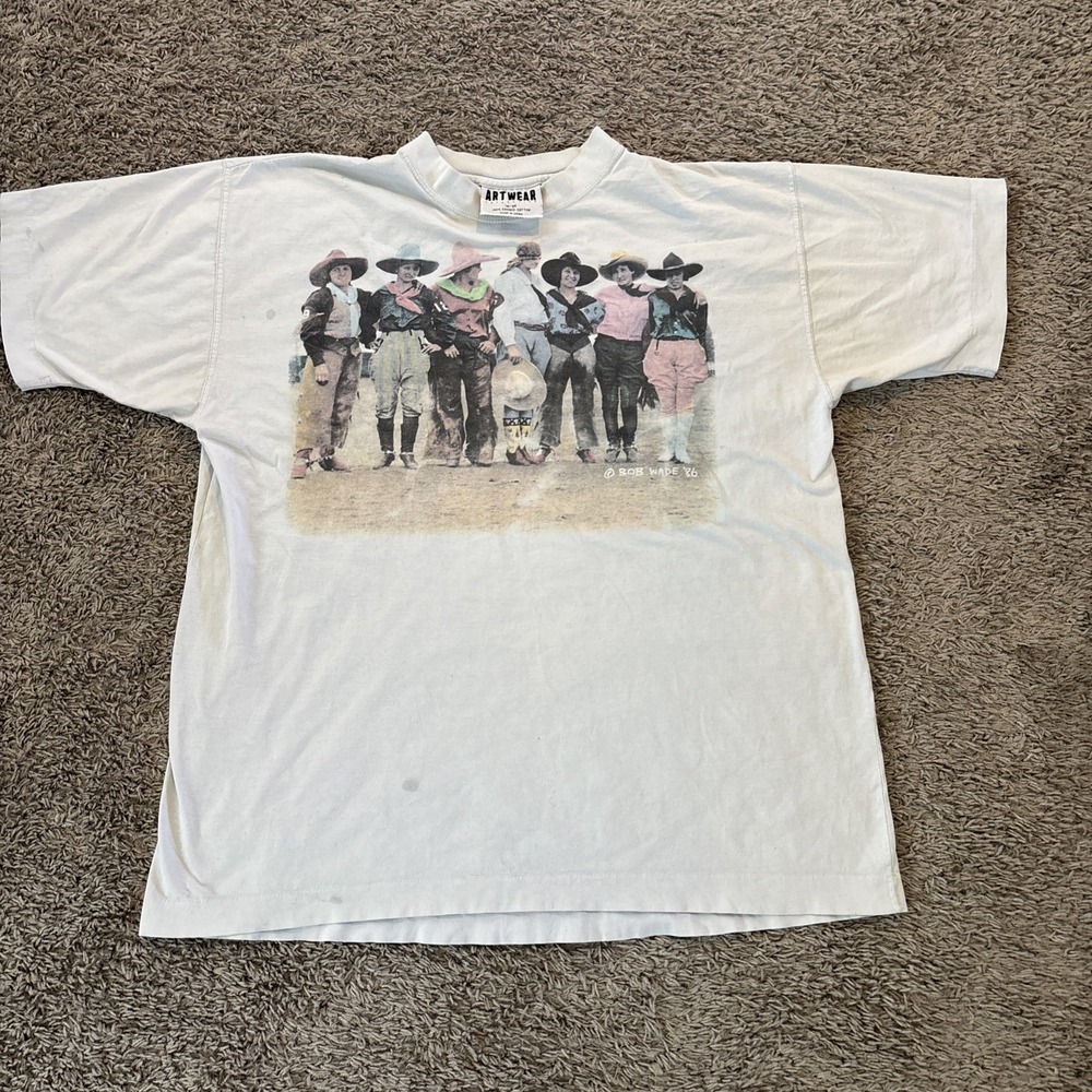 Vtg 1986 Bob Wade Cowgirls Tee T shirt Mens Large L‎ White Men Cant Jump Movie